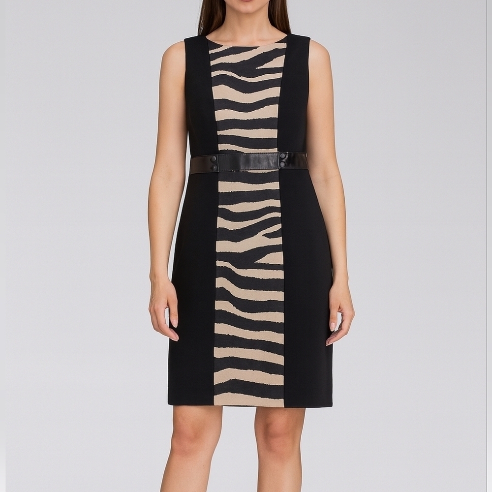New TAHARI ARTHUR S LEVINE Sleeveless Black/Tan Animal Print Mini Dress Size 12